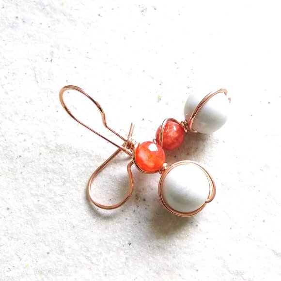 Uniquely Handmade Earrings: Lively Glowing Orange & Creamy White Stone w. Copper - Picture 1 of 11
